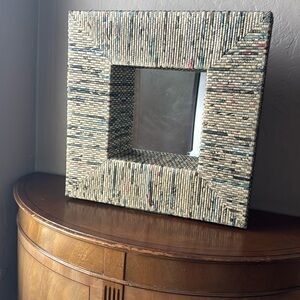 Wall Hanging Mounted Mirror with Rolled Paper Magazine Frame 16" Square